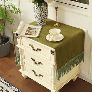 Extra-Thick Pet Scratch-Resistant Nightstand Cover,Olive Green Velvet End Table Runner with Gold Tassels,Non-Slip&Wrinkle-Resistant Tablecloth for Bedroom or Living Room,43.3" L x 15.7" W