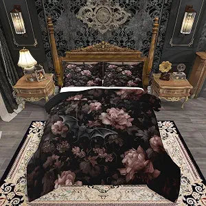 Erosebridal Gothic Bedding Set Twin for Home, Goth Halloween Decor Comforter Set for Kids Teens Women Men Bedroom, Gothic Bat Black Floral Comforter, Vintage Victorian Baroque Quilt, 1 Pillowcase