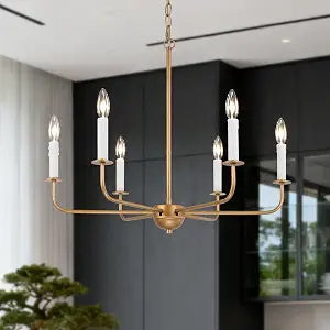 KSANA Modern Antique Gold Chandelier, 6 Light Dining Room Lighting Fixtures Hanging with White Candlesticks for Kitchen, Bedroom, Living Room and Foyer
