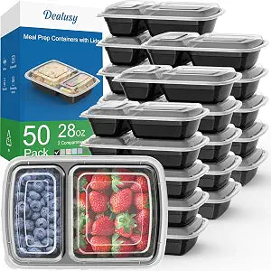 Dealusy 50 Pack 28 oz Meal Prep Containers with Lids 2-Compartment, Black