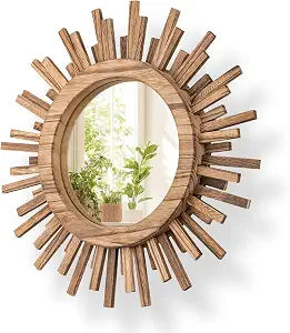 12 Inch Boho Sunburst Mirror, Round Wooden Wall Decor Starburst Sun Mirror for Bedroom, Living Room, Bathroom, Hallway, Balcony, Farmhouse Entryway, Housewarming GiftRustic Brown