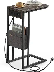 VASAGLE C-Shaped Side Table with Power Strip, Storage Bag, Adjustable Feet