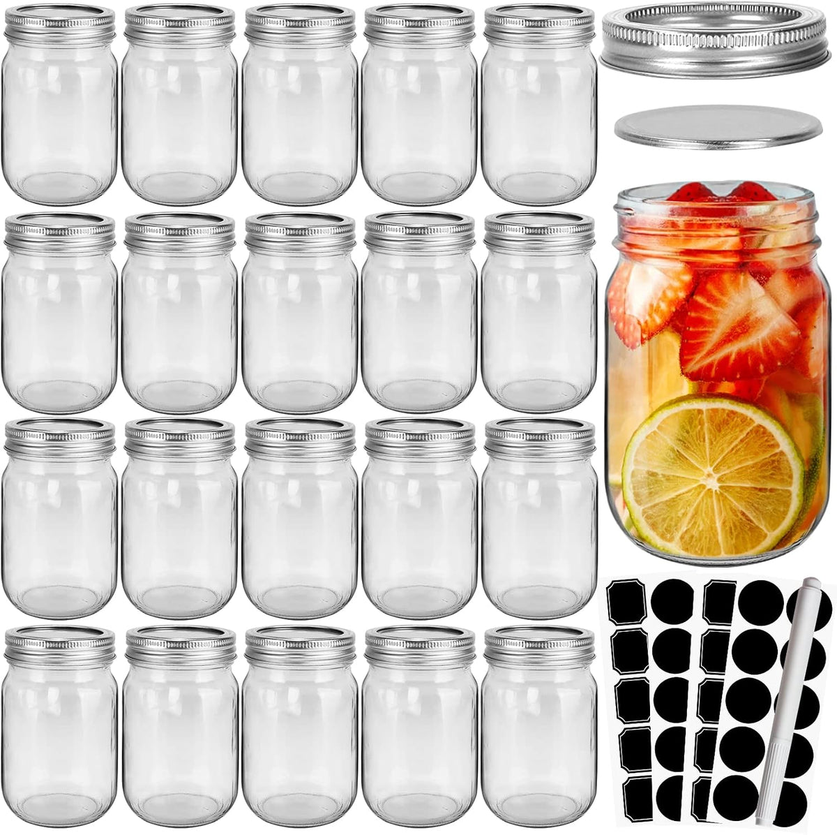 CycleMore 20 Pcs 12oz Glass Mason Jars With Silver Separable Lids