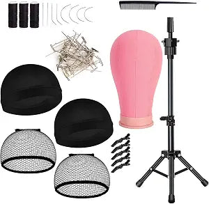 22 Inch Wig Head Canvas Head with Stand Cork Canvas Mannequin Head with Wig Head Stand Manikin Head Block Set for Wigs Trimming Making Display with T Pins Set (Pink)