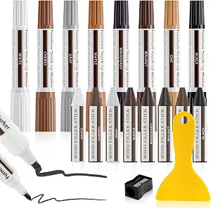 DEWEL Dual-Tipped Furniture Markers Touch Up, Upgrade 17 Pcs Wood Furniture Repair Kit, Wood Touch Up Markers and Wax Sticks with Repair Tools, Easily Repair Wood Floor Scratches, Wood Stain and Dents