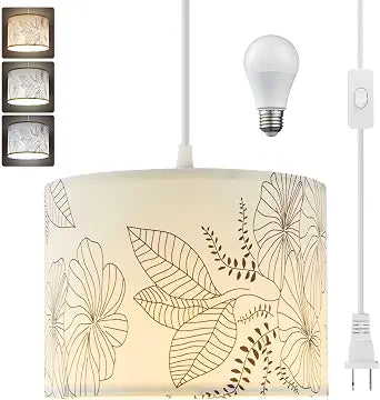 Plug in Pendant Light, 15 FT Hanging Lamp with Plug in Cord, On/Off Switch, Flower Fabric Shade, 3 Color Bulb Hanging Light Fixture for Bedroom, Living Room Dining