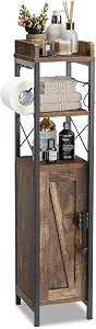 VECELO Small Bathroom Cabinet, Slim Toilet Paper Holder with Door&2 Shelves Metal Racks, Narrow Storage Organizers, Free Standing Farmhouse Style for Bathroom Restroom Tiny Space,Dark Brown