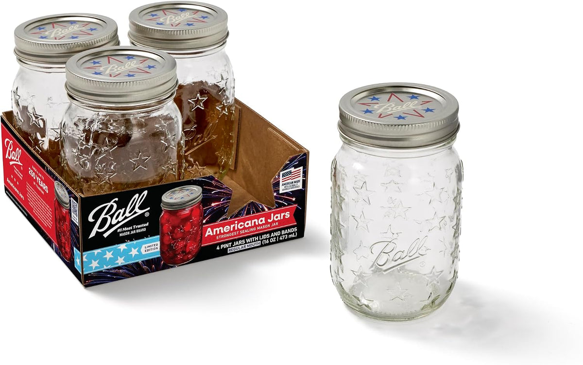 Ball Americana Regular Mouth Mason Jars, 16 oz, 4-Pack with Lids & Bands