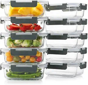 Cuiselect 10 Pack 22 Oz Glass Meal Prep Containers with Lids, Reusable Glass Food Storage Containers with Lids, Microwave, Oven, Freezer and Dishwasher Safe (Gray)