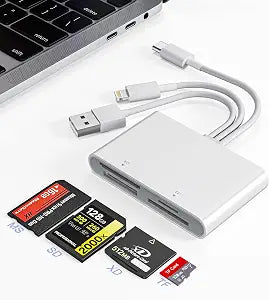 Memory Stick Pro Duo Adapter - 4-in-1 USB C/Lightning/USB-A to SD/TF/MS/XD Card Reader, High-Speed Photo Video Transfer from Camera to iPhone/Tablet/Computer