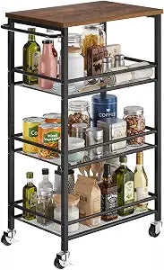 Pipishell Metal 4 Tier Laundry Storage Cart with Wheels, Handle & Wood Top