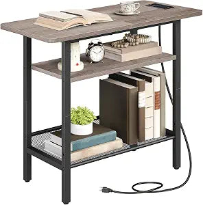 HOOBRO Side Table with Charging Station for Small Spaces, Greige and Black