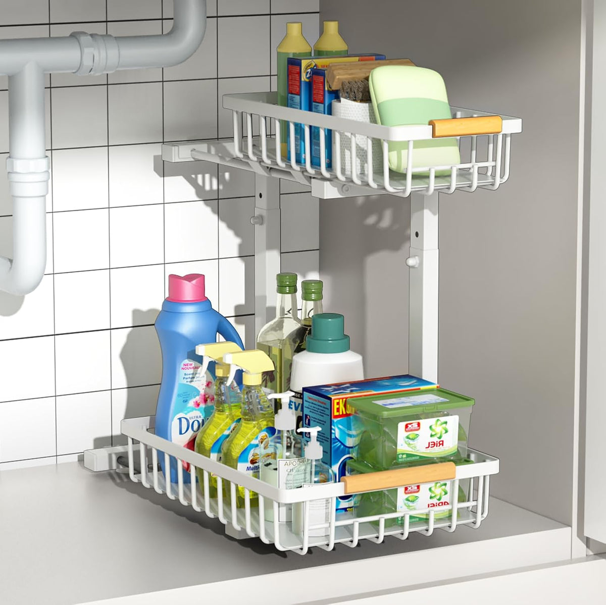 Merrylun Under Sink Organizers,5 Adjustable Heightï¼ŒMetal Pull Out Under Sink Organizers and Storage Shelves with Sliding Drawer, White 1packï¼ˆHight 13.6â€³-16.9â€³ï¼‰