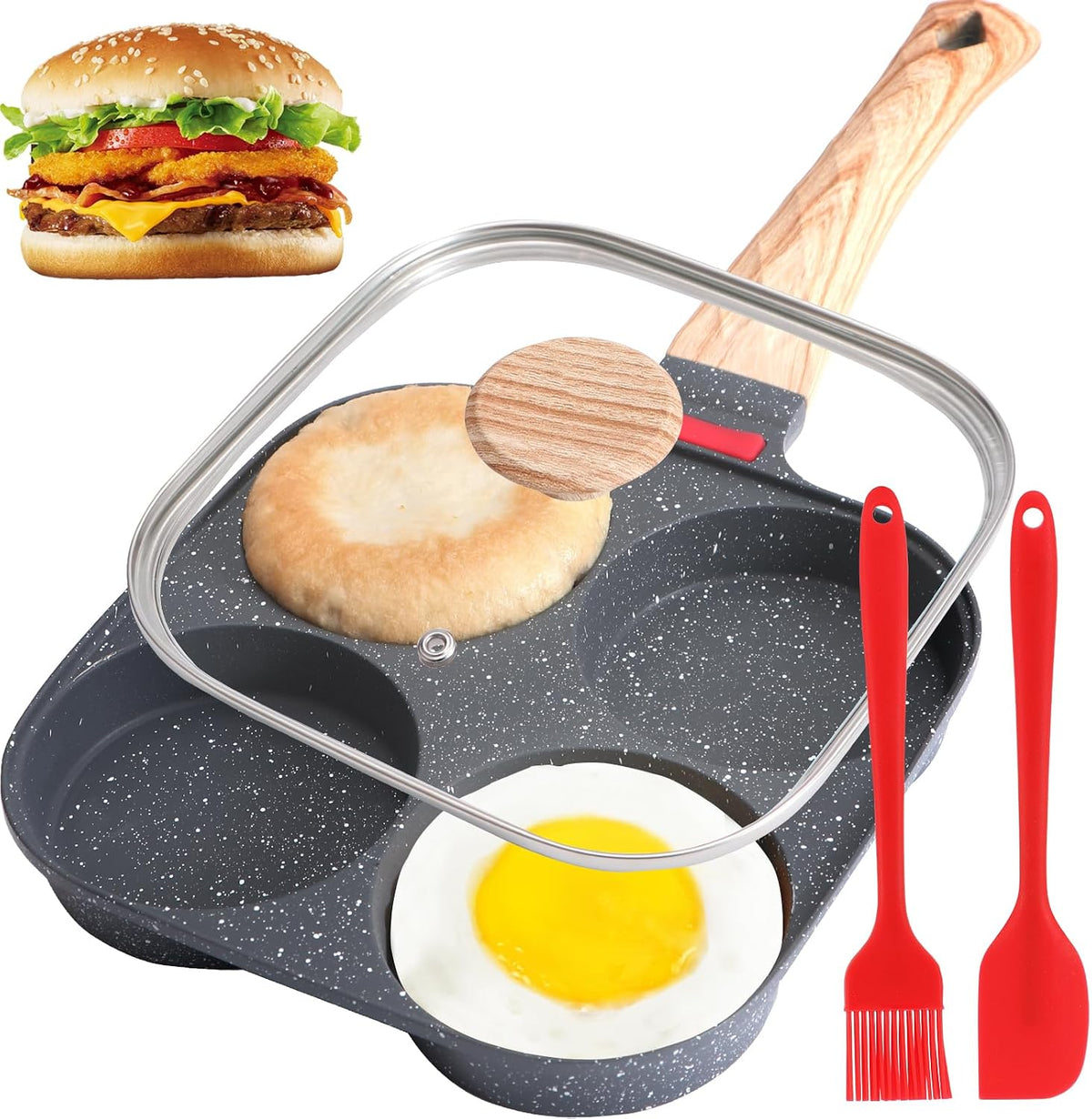 Egg Pan, Premium Egg Pans Nonstick, Omelette Pan with Lid , Healthy Egg Frying Pan for Breakfast, Egg Sandwich, Hamburger, Pancake, Egg Skillet Suitable for Gas Stove & Induction Cookware (Black)