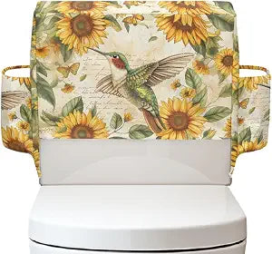 Hummingbird Sunflower Print Toilet Tank Lid Cover with Side Pockets, Dustproof Toilet Top Covers Bathroom Decor Accessories, Easy Installation and Cleaning