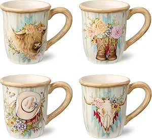 Rosewood 14-Ounce Mugs, Set of 4, Assorted Western Designs with Floral Cowboy Boots, Highland Cow, Cowboy Hat & Steer Skull, Durable Ceramic, Perfect for Coffee, Tea & Rustic Farmhouse Dcor