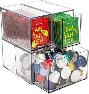 Yarlung 3 Pack Coffee Pod Organizer Tea Bag Holder, Clear Acrylic K Cup Holder Box Stackable Coffee Bar Drawer Container for Cabinet Countertop Storage