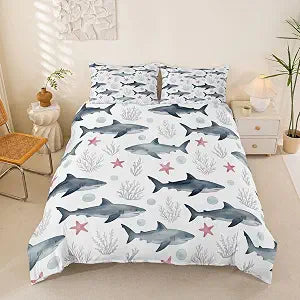 Feelyou Sealife Comforter Cover Set Ink Shark Coral Flower Bedding Set for Kids Boys Girls Ocean Marine Theme Duvet Cover Nature Bedspread Cover Bedroom Collection 3Pcs Full Size