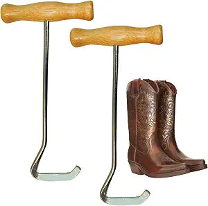 Intrepid International Wooden Handle Boot Hooks Boot Puller, Pair of Durable Metal Shoe Hooks for Effortless Boot Pulling, for Cowboy Boots, Riding Boots, Boot Helper, 2-Pack