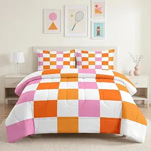 Twin Comforter Set, 2 Pieces Checkerboard Retro Bedding, All Season