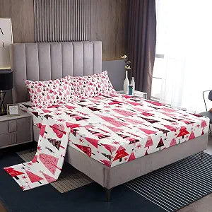 Manfei Pink Xmas Trees Sheet Set Full Size, Christmas Theme Bedding Set for Kids Girls Adults Room Decor, Happy New Year Bed Sheet Set 4pcs with Deep Pocket Fitted Sheet + Flat Sheet + 2 Pillowcases