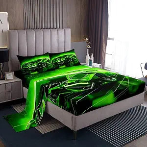 Feelyou Kids Boys Race Car Bedding Set Full Size Green Sports Car Sheets Kids Teens Boys Girls Extreme Sports Theme Bed Sheets Speed Luxury Car Sheets Set,1 Fitted Sheet+2 Pillow Sham+1 Flat Sheet
