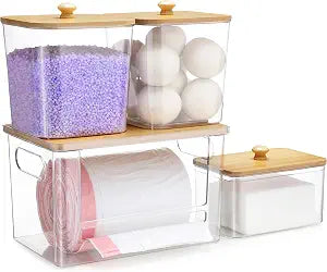 Extra Large Trash Bag Holder 4 Pack Garbage Bag Dispenser Roll Holder with Lid Laundry Room Organizer Under Sink Stackable Storage, Wall Mounted Laundry Dryer Sheet Holder Clear Pod Container