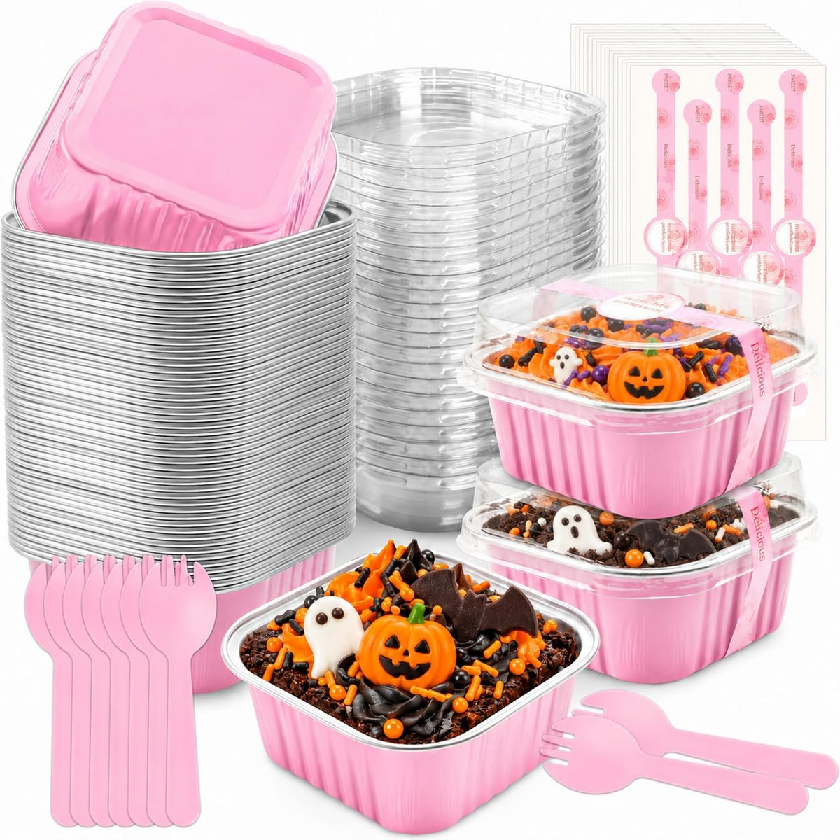 NPLUX 50 Pack 5oz Halloween Mini Cake Pans with Lids for Parties, Pink Foil