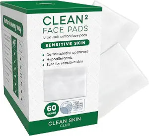 Clean Skin Club Clean�� Sensitive Skin Face Pads ��� Ultra-Soft 100% Organic Cotton, Fragrance-Free & Lint-Free Makeup Remover & Toner, Dermatologist Approved, 60 Ct (Formerly Cloud Pads)