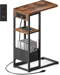 C Shaped End Table with Charging Station,3-Layer Sofa C Table Side Table, Slide Under Sofa Desk Snack Tables with Storage Bag w/AC U-S-B Port & Socket,Small Spaces Drink Tables for Living Room