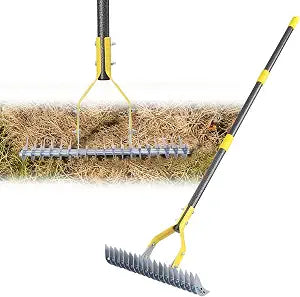 Thatch Rake for Lawn, 15-Inch 19-Tine Manual Dethatcher, Adjustable Head