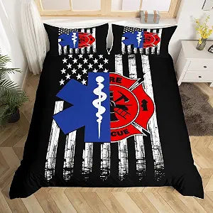 Firefighter EMT Badge Bedding Set Queen Size,Practitioner Fireman Themed Duvet Cover Set for Children Bedroom Present, Stars Stripes American Flag Microfiber Comforter Cover with 2 Pillowcases, Soft