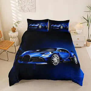 Feelyou Sports Car Duvet Cover Set Blue Race Car Bedding Set for Kids Boys Girls Extreme Sports Comforter Cover Cool Speed Luxury Car Decor Quilt Cover with 2 Pillowcases 3Pcs Bedding Full