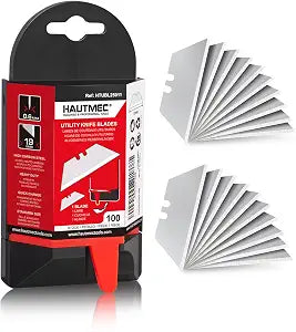 HAUTMEC Utility Knife Blades, 100 Pack Box Cutter Blades with Safty Dispenser, Premium Carbon Steel Utility Razor Blade Replacement for Cardboard, Carpet, Rope - HTUBL25011
