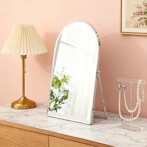 Silver Metal Mirror Vanity Table Desk Arch Makeup Mirror 90Adjustable Rotation Framed Standing Mirrors Room Decor for Living Room,Bedroom,Tabletop,Bathroom