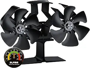 Wood Stove Fan Heat Powered Dual Motor | Non Electric Heat Activated Fan for Wood Burning Stove | Thermoelectric Fireplace Fan w/Stove Thermometer Stove Accessories