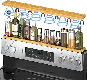 PEKER Magnetic Stove Top Shelf for 30" Stoves, Over Oven Shelf Above with Bamboo Spice Rack Organizer, Heat-Resistant, Space-Saving Solution for Kitchen Storage