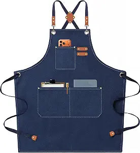 AFUN Chef Aprons for Men Women with Oversized Pockets, 16-Ounce Cotton Canvas Cross Back Heavy Duty Work Apron (Dark Blue)