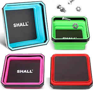 SHALL New Version Collapsible Magnetic Parts Tray Set, 4-Pack Magnetic Tool Trays for Screw Bolts Nuts Washers Pins & Small Metal Parts, 4.5 Square Silicone Foldable Bowls w/Dual-Sided Magnetic Base