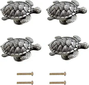 Ocean Turtles Handle 4PCS, Metal Dresser Drawer Cabinet Door Knobs Pulls Handles Home Bathroom Beach Nautical Coastal/Forest Decor Animal Series (Turtle, Pewter)