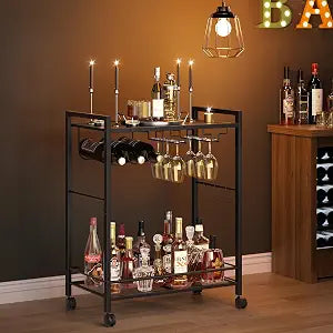 Joaxswe Bar Cart,2-Tier Home Bar Serving Cart with Lockable Wheels,Black