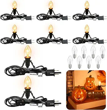 8 Sets Lights for Pumpkins, 6Ft Black Accessory Cords + 16Pcs C7 Bulbs, Lamp Cord with Switch for Light up Halloween Blow Mold Carved Pumpkin Christmas Village Lights & Salt Lamp Cord Replacement, 5W