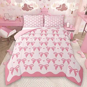 Feelyou Kawaii Pink Bow Kids Comforter Set Twin Size Cute Coquette Bow Knot
