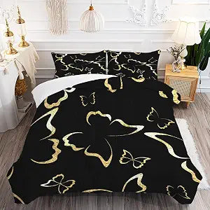 Butterfly Comforter Set Twin Size Black Gold Bedding Set for Boys Girls Men Women Adults Luxury Modern Quilt Bedroom Decor, 1 Comforter 1 Pillowcase