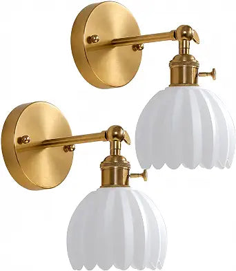 1-Light Gold Brass Bathroom Light Fixture,Wall Sconces set of 2,Brushed Gold Vanlity Light Over Mirror,Bathroom Vanity Light with White Tulip Glass Flower Shade,E26 Socket(Bulbs Not Included)
