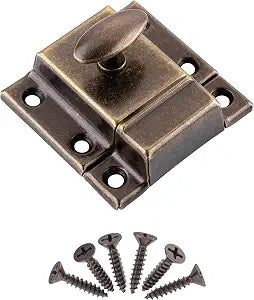 Large Stamped Antique Brass Cabinet Door Latch - 2 1/8"  2 1/8" - Spring Loaded Cupboard Door Latch with Oval Turn - Vintage Cabinet Hardware | UA-140-LAB (1)