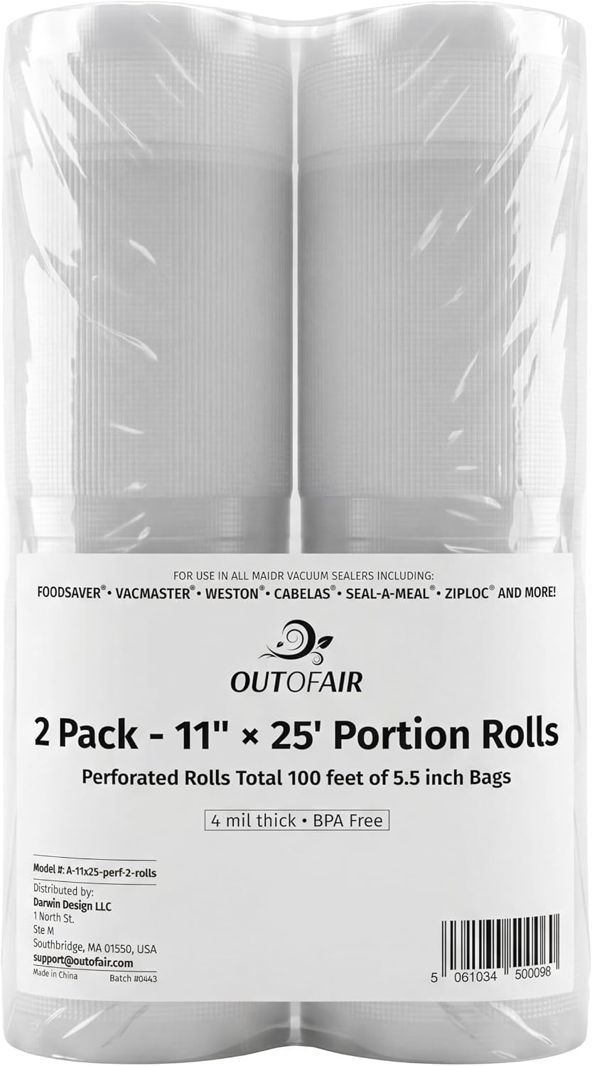 11" x 25' Portion Rolls (Fits Inside Machine) - 2 Pack (100 feet 5.5" rolls total) OutOfAir Vacuum Sealer Rolls. Works with FoodSaver Vacuum Sealers. 33% Thicker, BPA Free, Sous Vide, Commercial Grade