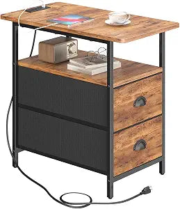 sthmec End Table with Charging Station, Narrow Side Table with 2 Drawers, Nightstands with Drawers, USB Ports & Power Oulets,Slim Sofa Side Tables for Small Spaces,Living Room,Bedroom,Rustic Brown