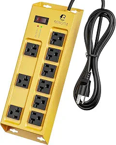 Heavy Duty Metal Power Strip, 20 AMP Surge Protector with 9 Outlets, 12 Gauge Industrial Strength for Shop & Garage Use, 6 FT Extension Cord Included, Durable T-Slot Design-Yellow