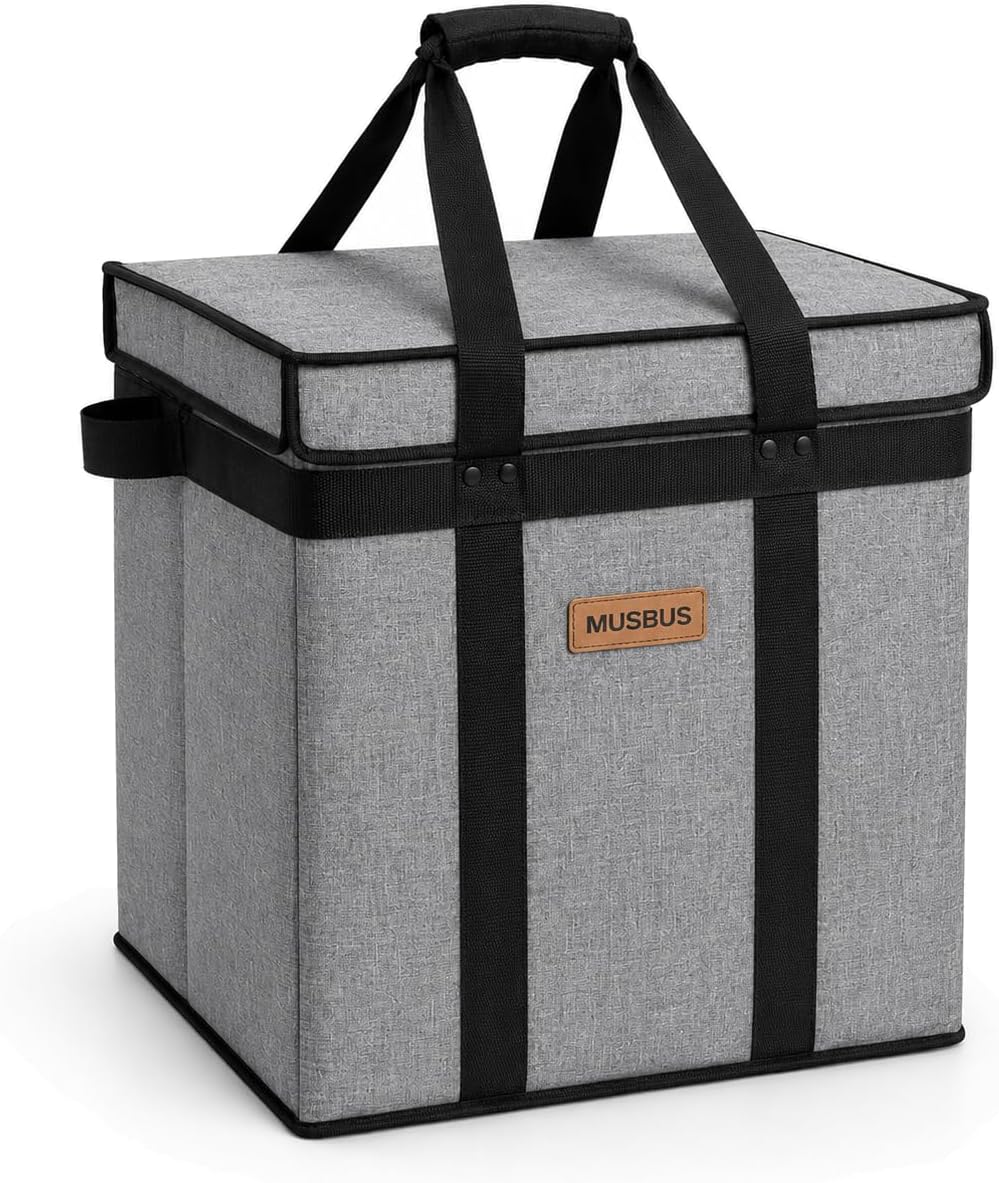 Musbus 1 Pack Reusable Grocery Bags Insulated Tote with Lid - Foldable Cooler Bag Hook & Loop Closure, Thermal Lining, Reinforced Bottom, 30L Heavy Duty Box, Water-Resistant for Shopping Picnic Trunk